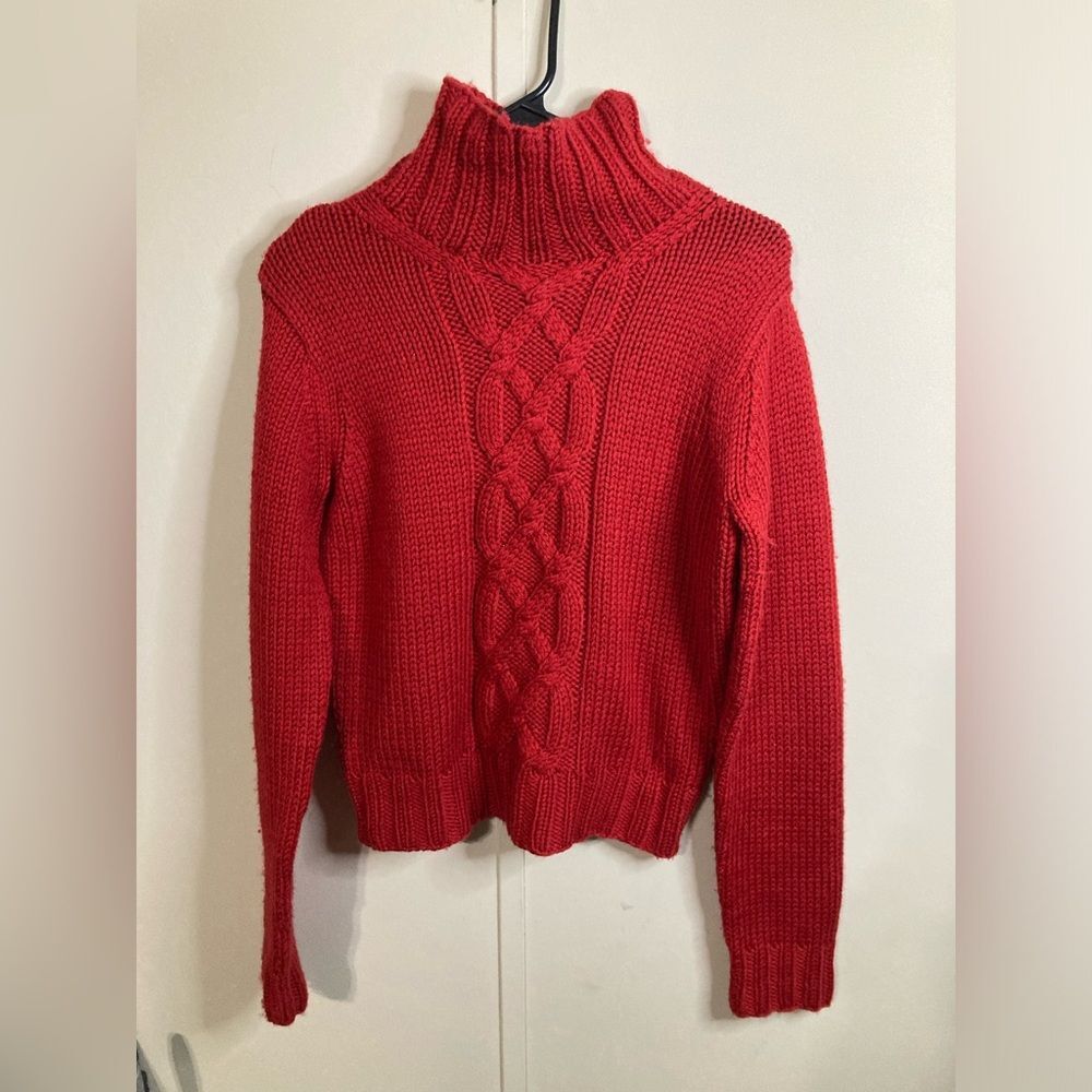 Banana Republic Wool Cable Knit Sweater Red Fisherman Turtleneck Women's Size M